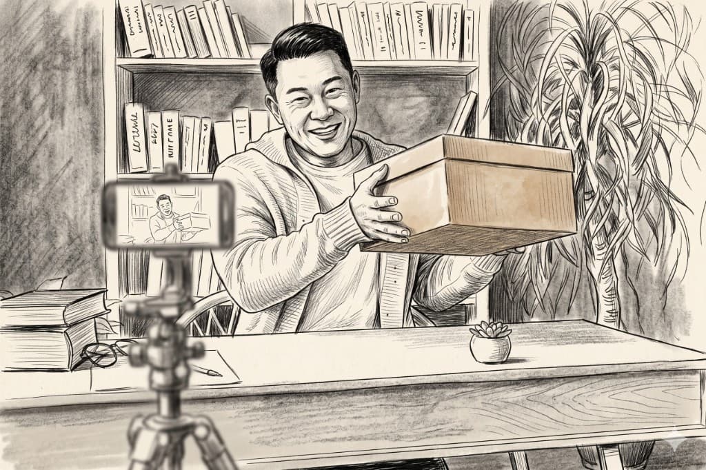 Creator unboxing a Printonic package on camera