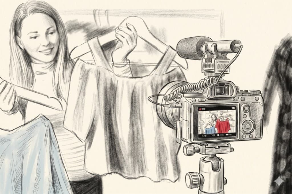 Creator filming clothing product review with DSLR camera