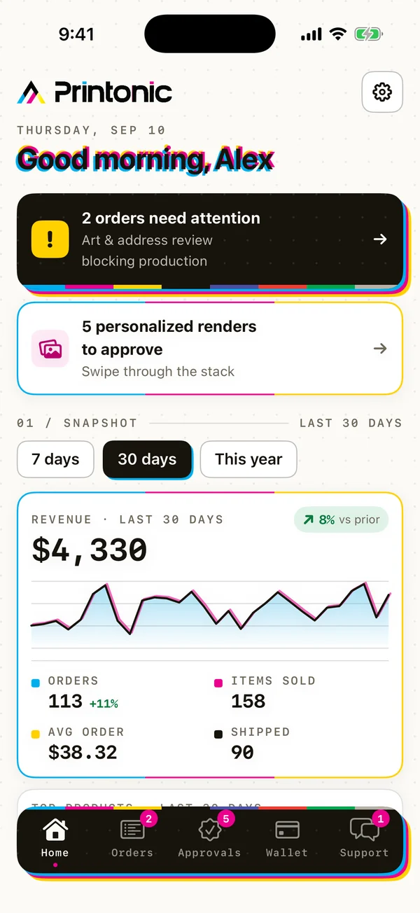Printonic app home: orders that need attention and a 30-day sales snapshot