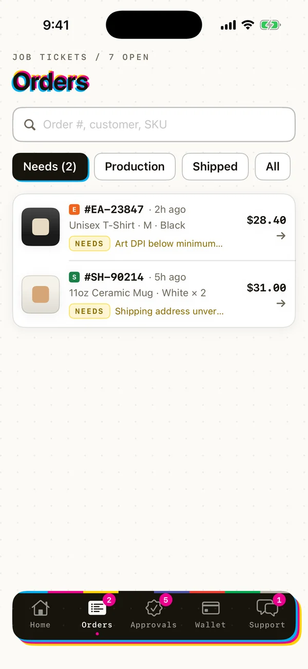Printonic app orders list filtered to orders that need attention