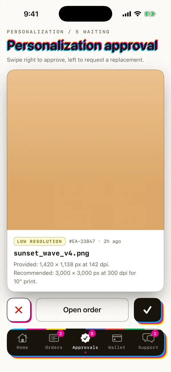 Printonic app personalization approval: swipe to approve or request a new render