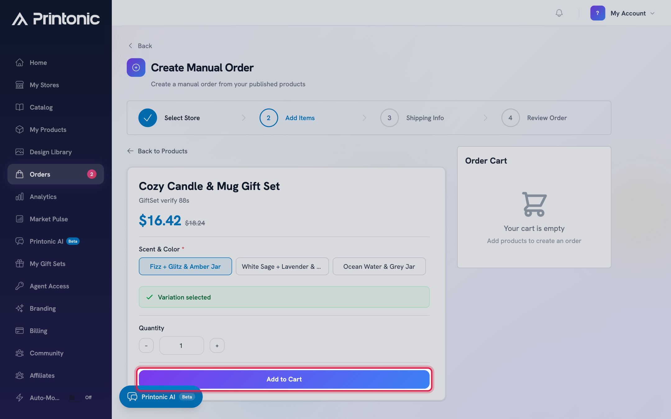 Step 4: Choose options and quantity, then click Add to Cart