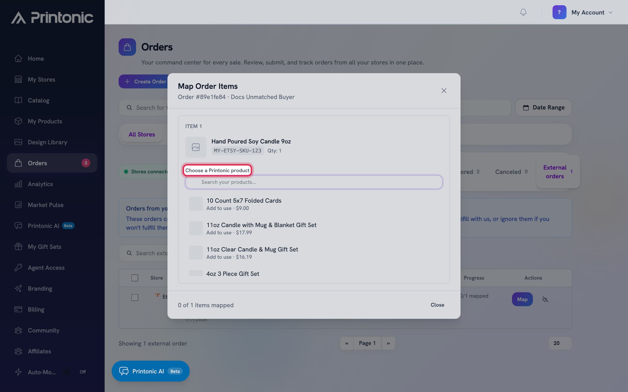 Step 2: Click Map and match each item to a product