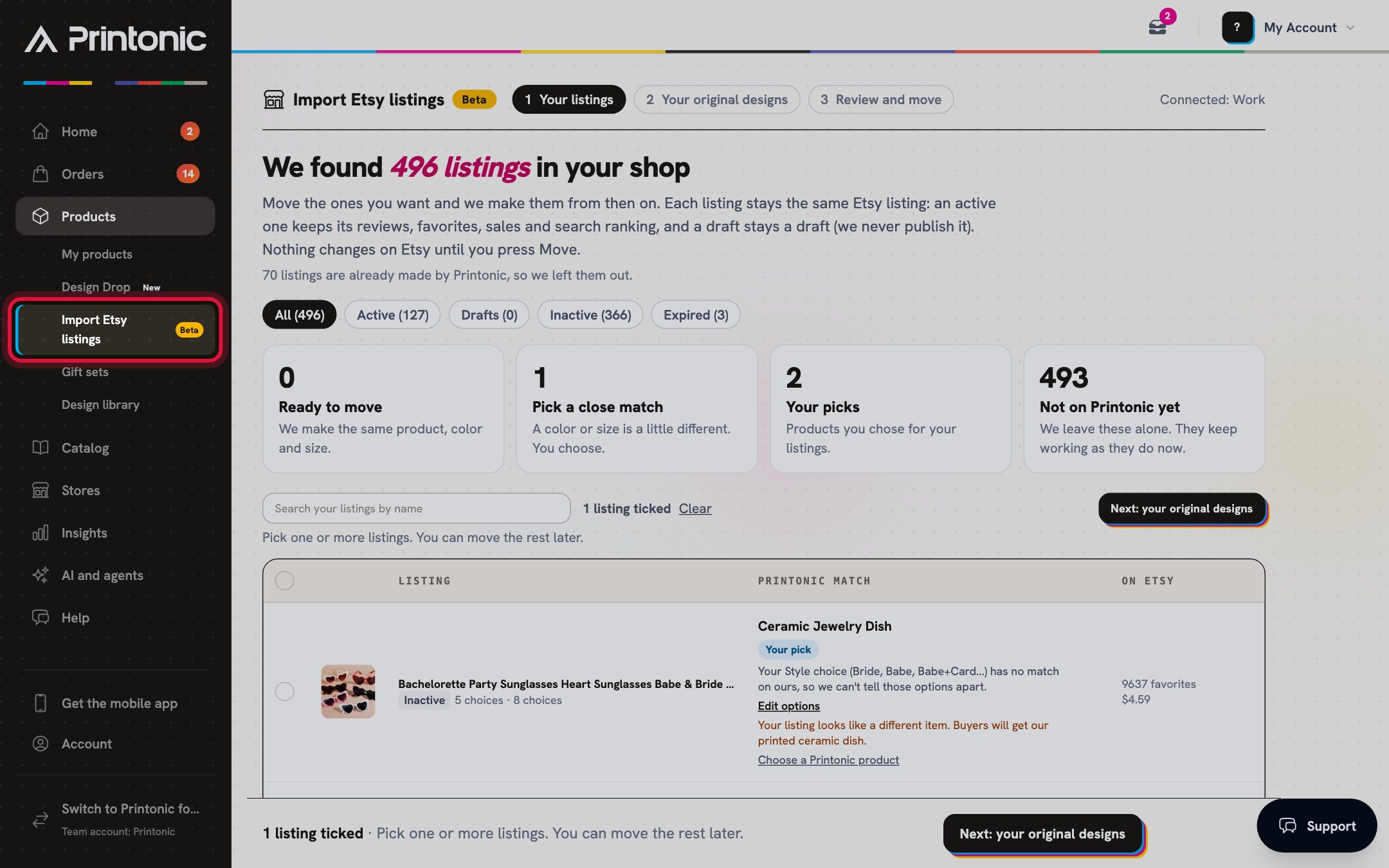 Step 1: Import Etsy listings in the Products menu, with the scan results open