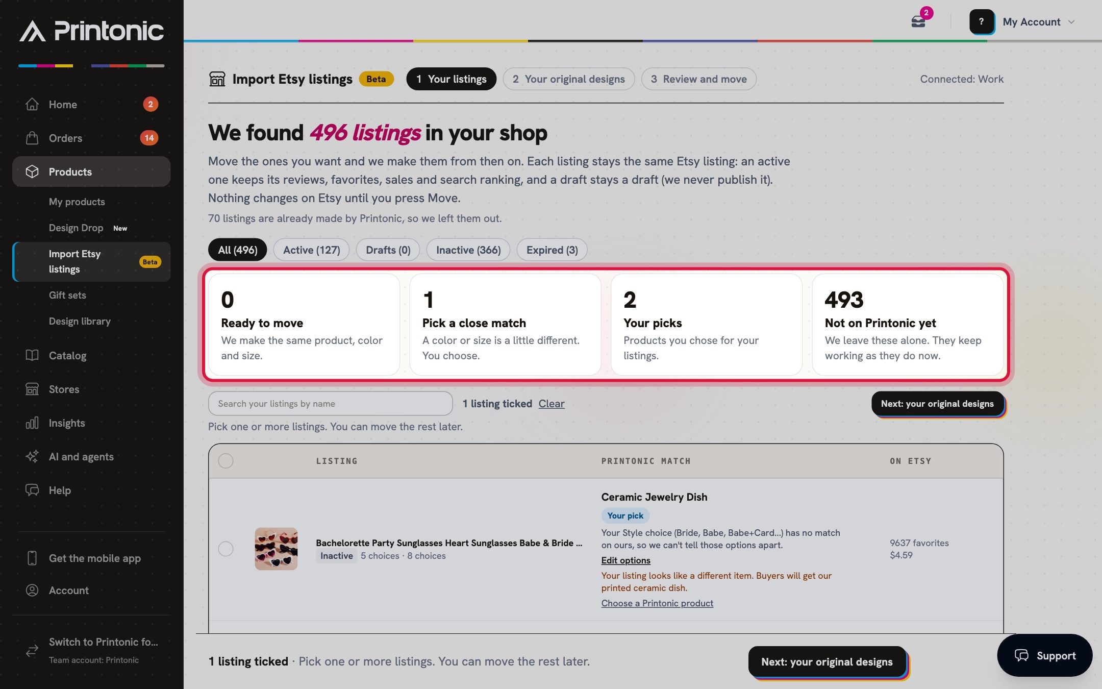 Step 2: The Ready to move, Pick a close match, Your picks and Not on Printonic yet boxes