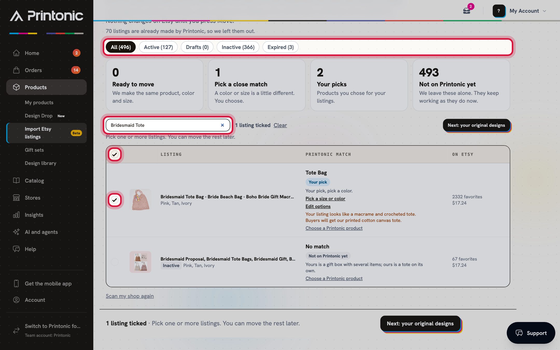 Step 3: The listing tabs, the search box, Tick all shown and a ticked listing