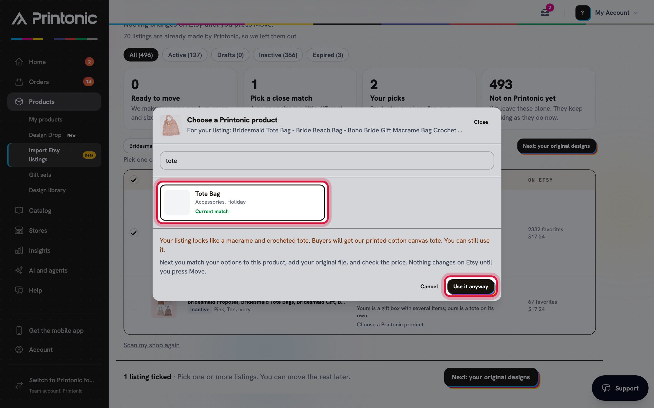 Step 4: The Choose a Printonic product window with a product picked and its note