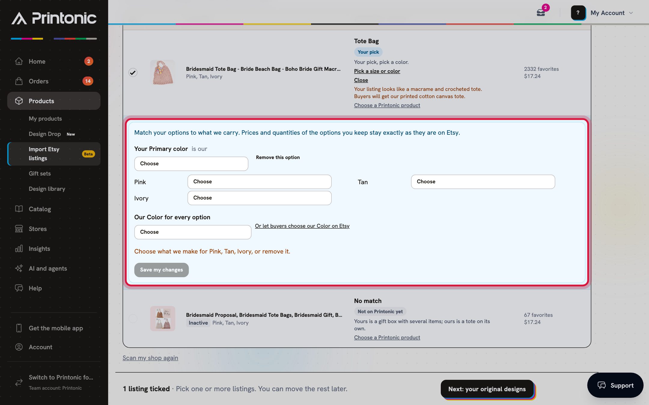 Step 5: The Edit options panel matching a listing's colors to ours