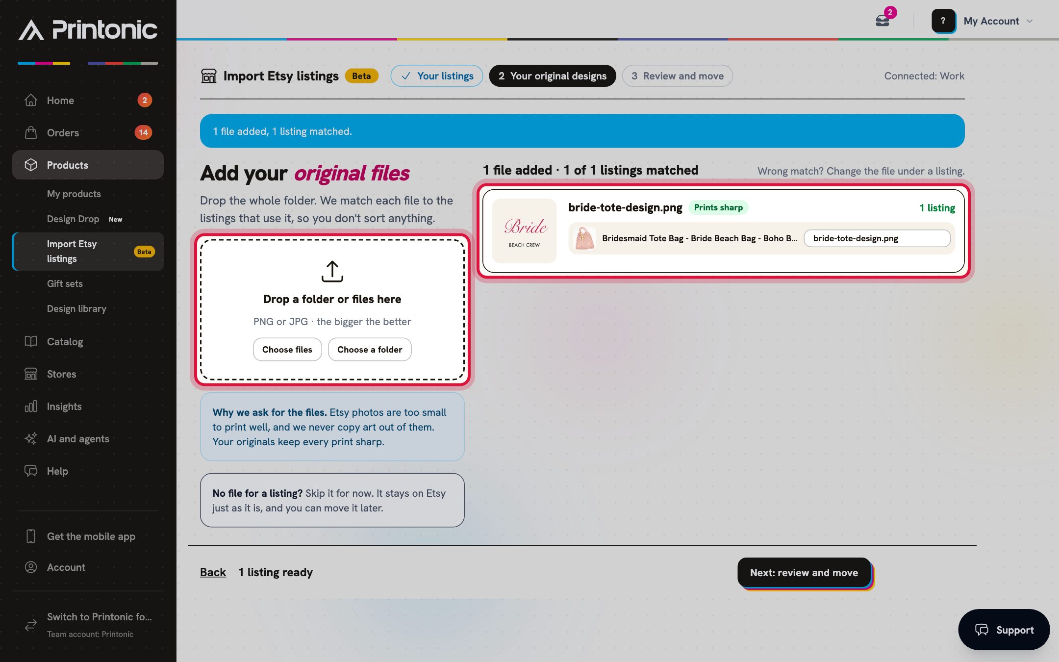 Step 6: The drop box for your original files and a file matched to its listing
