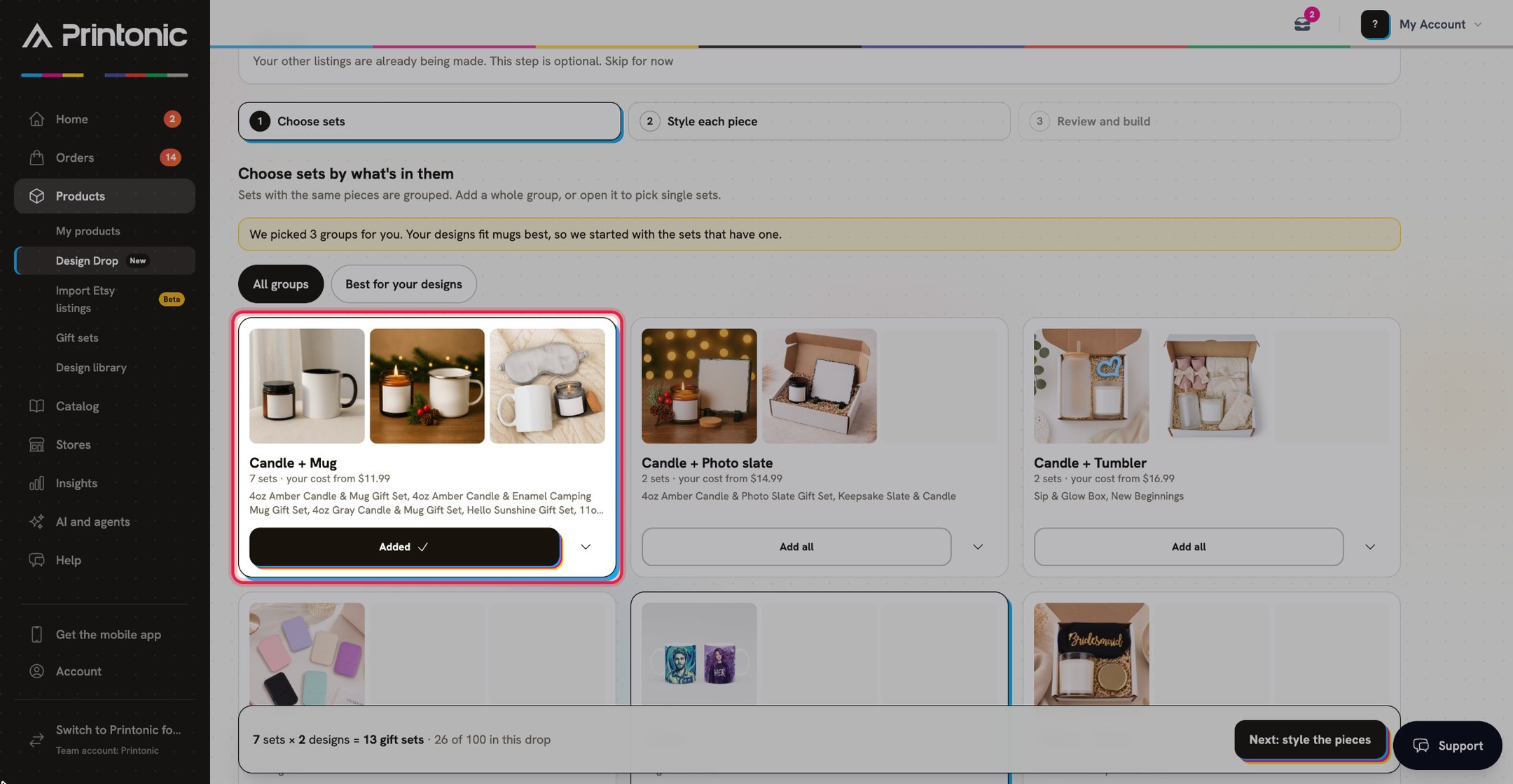 Step 2: Choose sets by what's in them, with the Candle + Mug group added