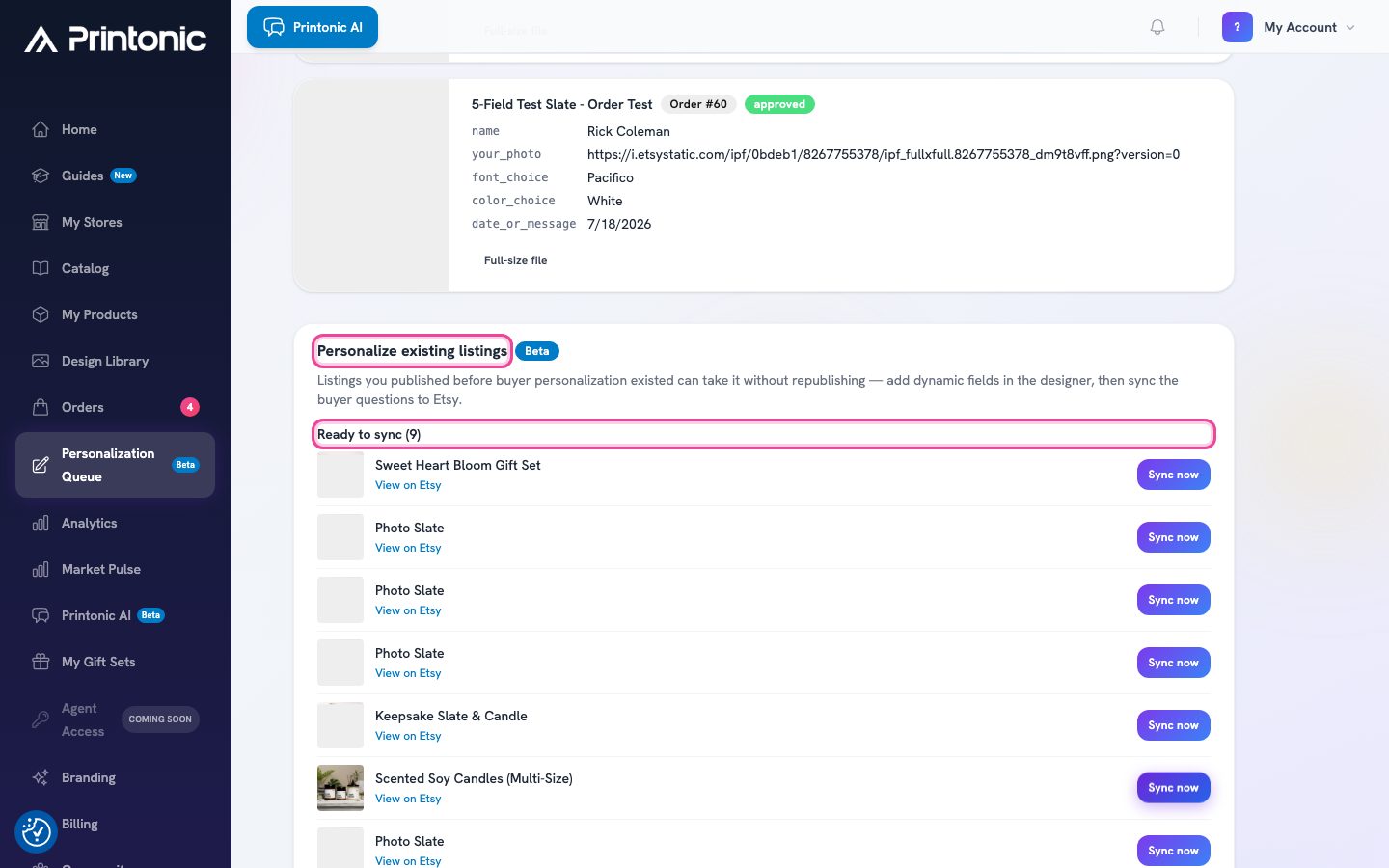 Step 2: The Ready to sync group with published listings and their Sync now buttons