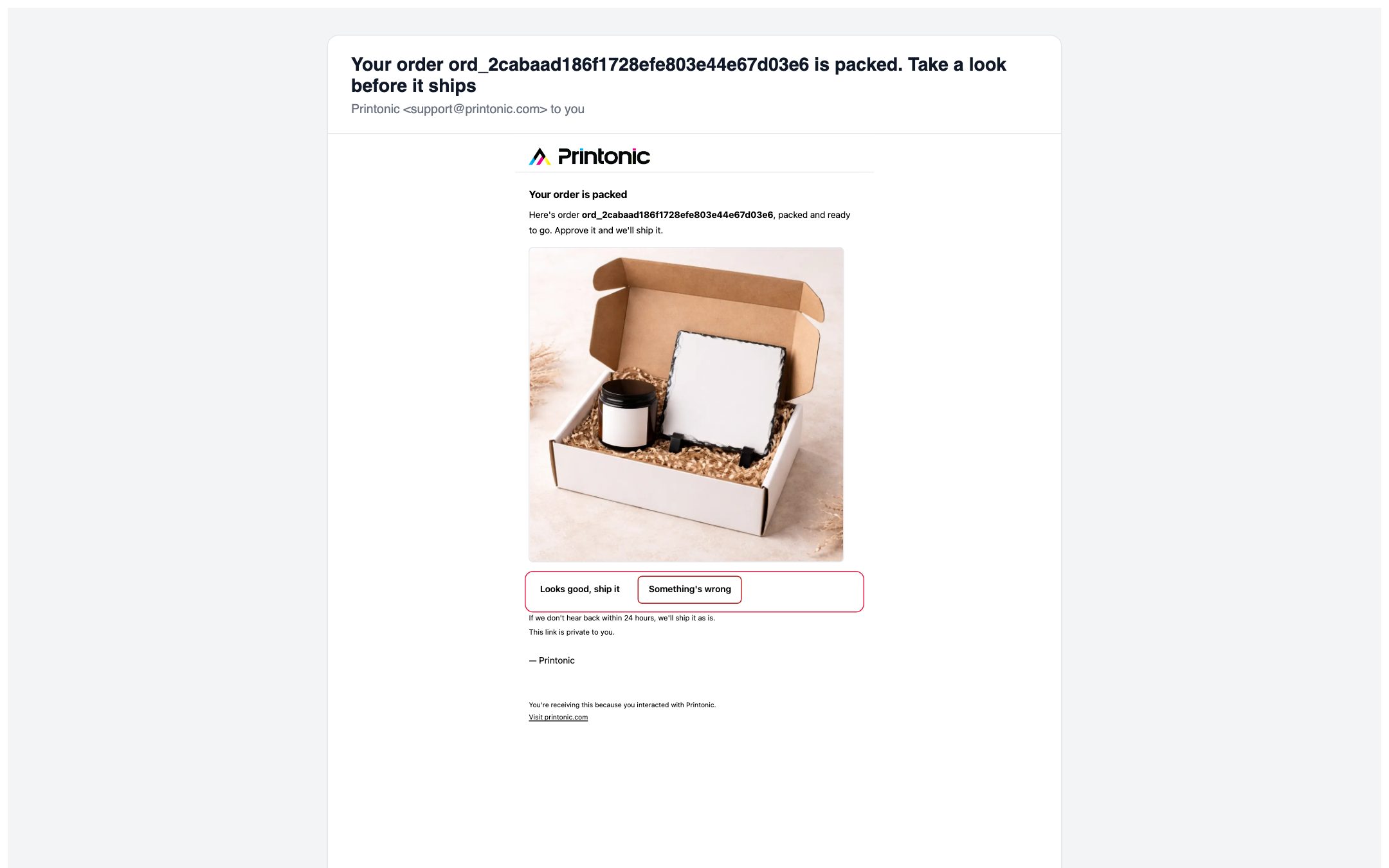 Step 3: The email with the photo of the packed box