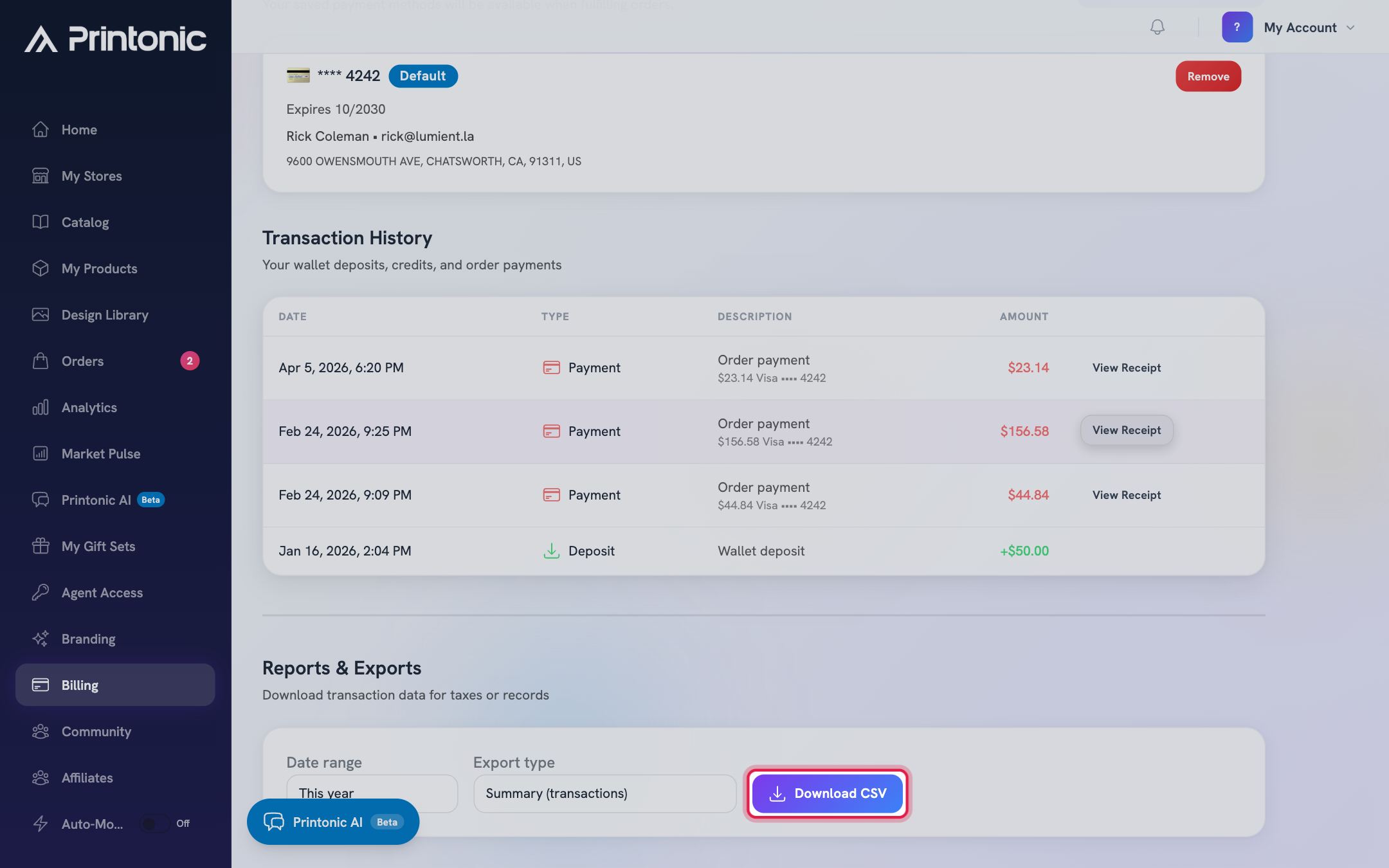 Step 8: Download a CSV export for taxes or records
